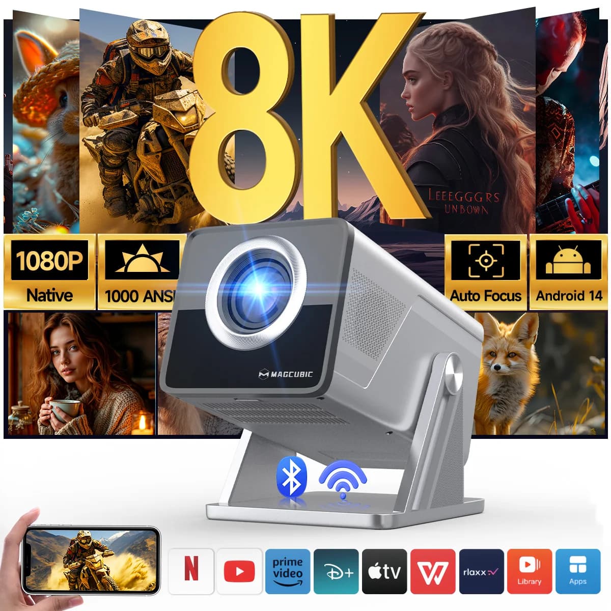 Magcubic 8K HD 1080P 1000ANSI X7 Projector with 5W Speaker Android 14 WiFi6 BT5.4 Outdoor Video Home Theater Support
