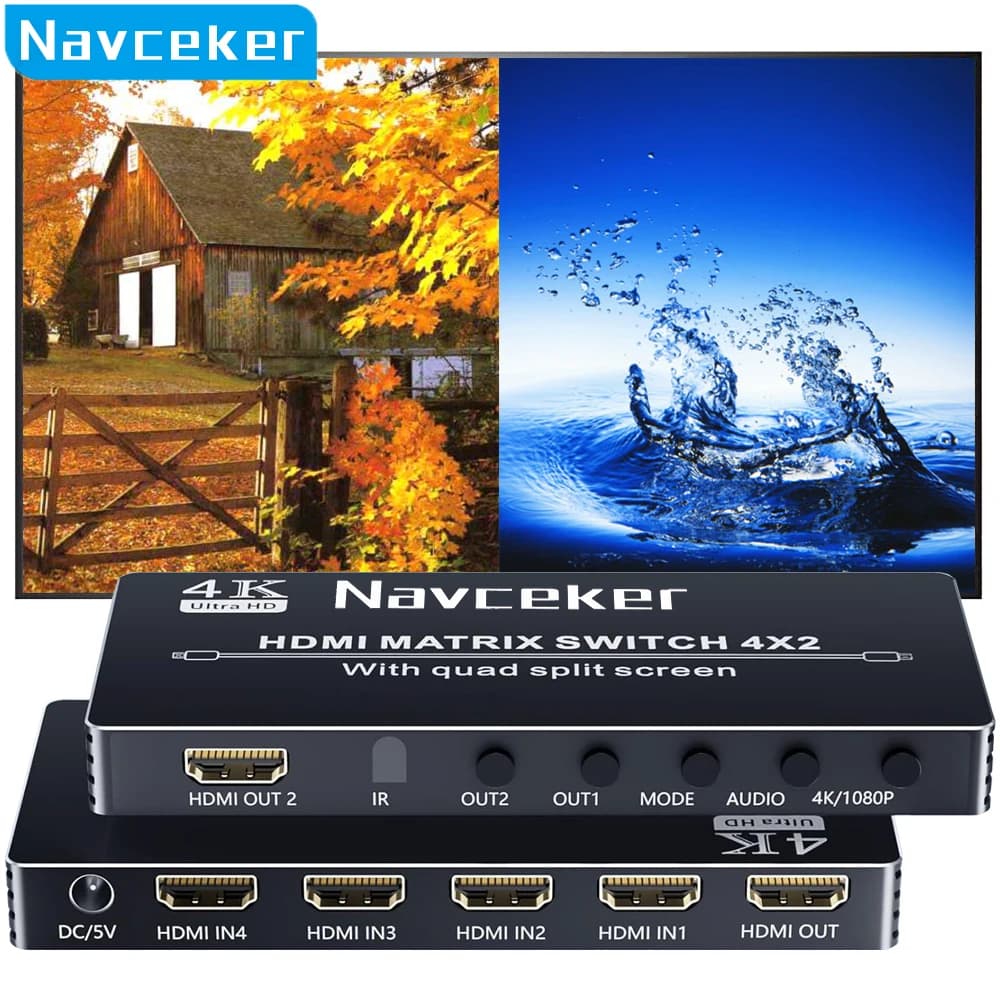Navceker HDMI 4x2 switcher Multi-viewer 4K Seamless Quad Screen Multi Viewer Splitter 4 in 2 out adattatore Switch HDMI IR per PC