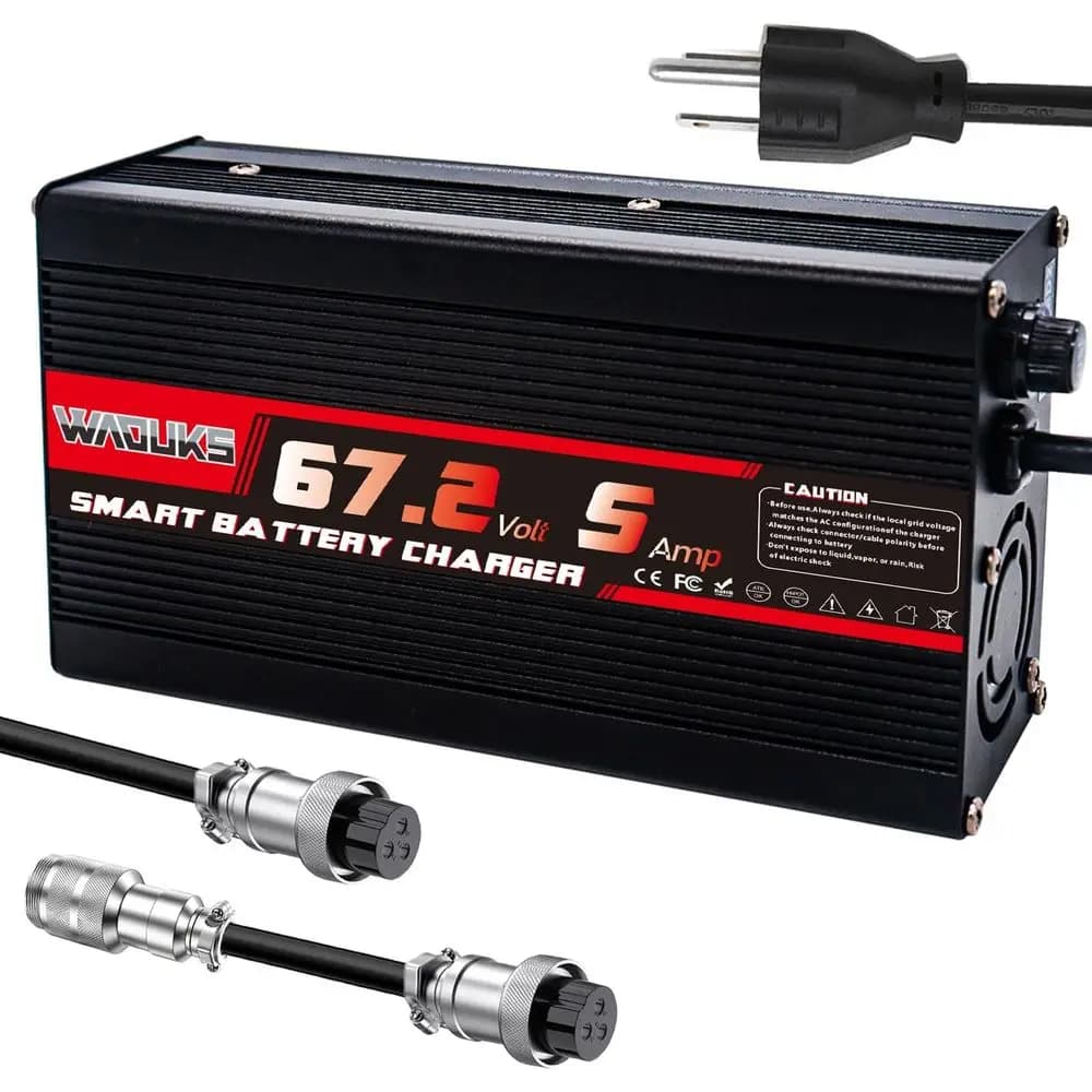 Caricatore intelligente per batteria agli ioni di litio da 67,2 V 5 A Custodia in alluminio nero con ventola di raffreddamento utilizzata per 16S 60 V 15 Ah 20 Ah 25 Ah 30 Ah 40 Ah