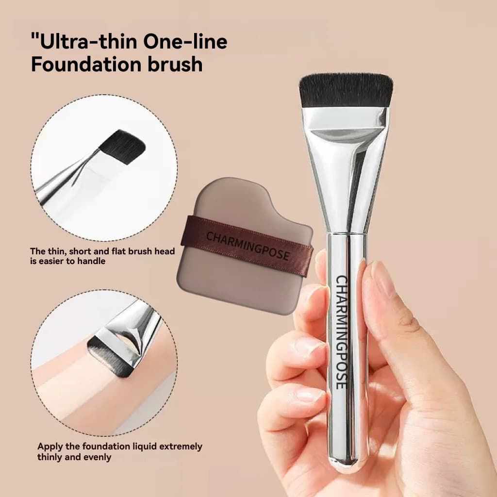 CHARMINGPOSE Kit for flawless aerograph makeup - Ultra thin flat foundation brush and 1 sponge for makeup for liquids and cream | No strip
