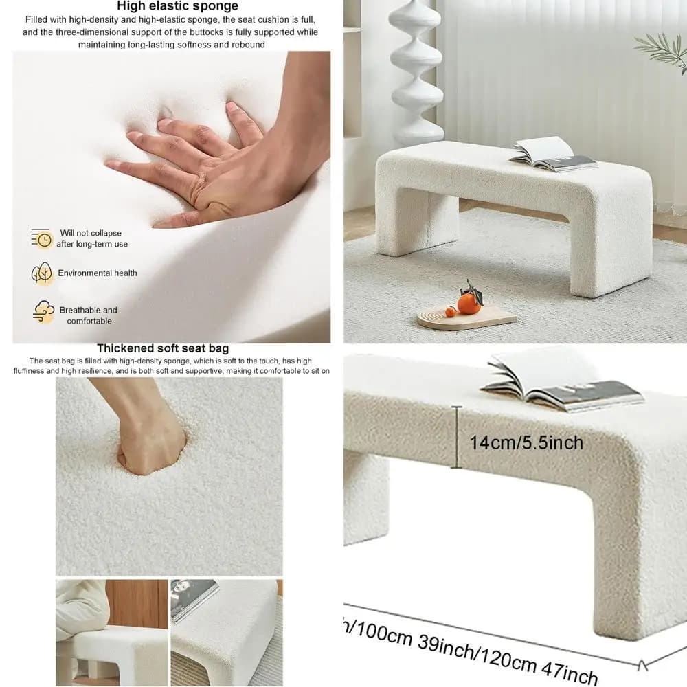 Panca Ottoman Moderna a Forma di U, Panca Imbottita in Tessuto Sherpa per Fine Letto, Panca Boucle per Ingresso e Sala da Pranzo, Comodo Poggiapiedi