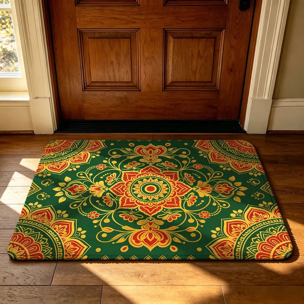 Mandala Floral Pattern Felt Door Mat Green Gold Ethnic Style Entryway Rug Non-slip Washable Front Door Mat