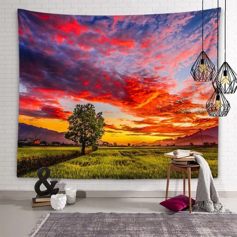 Sunset Landscape Tapestry, American Country Healing Style Bedroom Background Fabric, Wall Decoration Hanging Fabric