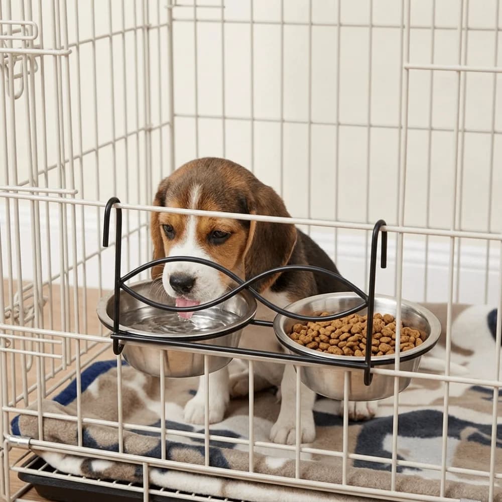 Food-Grade Alloy Hanging Pet Bowl Dual Compartment Anti-Spill Structure Pet Cage Feeder Smooth Polished Rustproof Texture