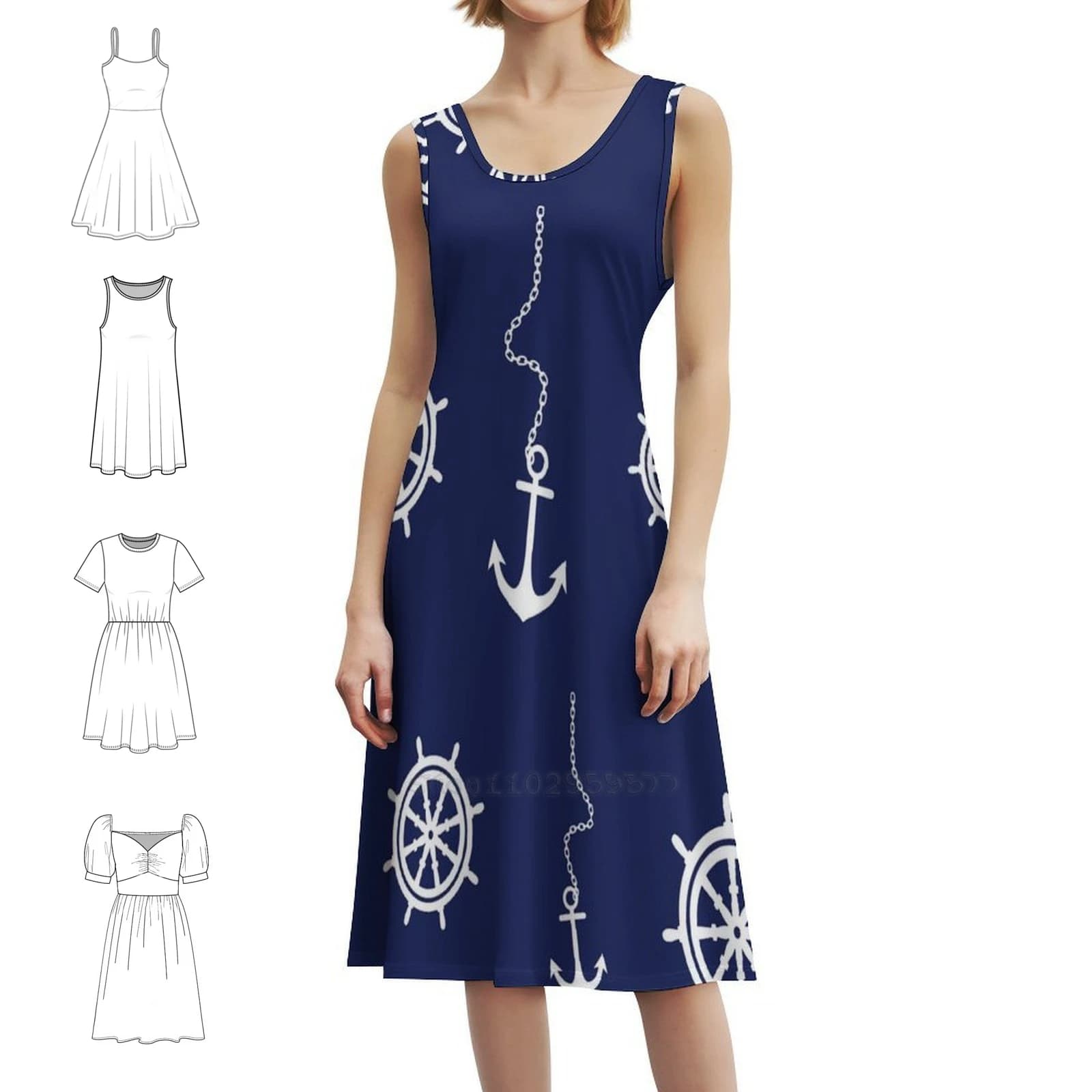 Modello-Ancoraggi e volanti blu scuro e bianchi Abito Boho Chic Elegante abito da festa di nozze da spiaggia alla moda Ancoraggio per barche per barche