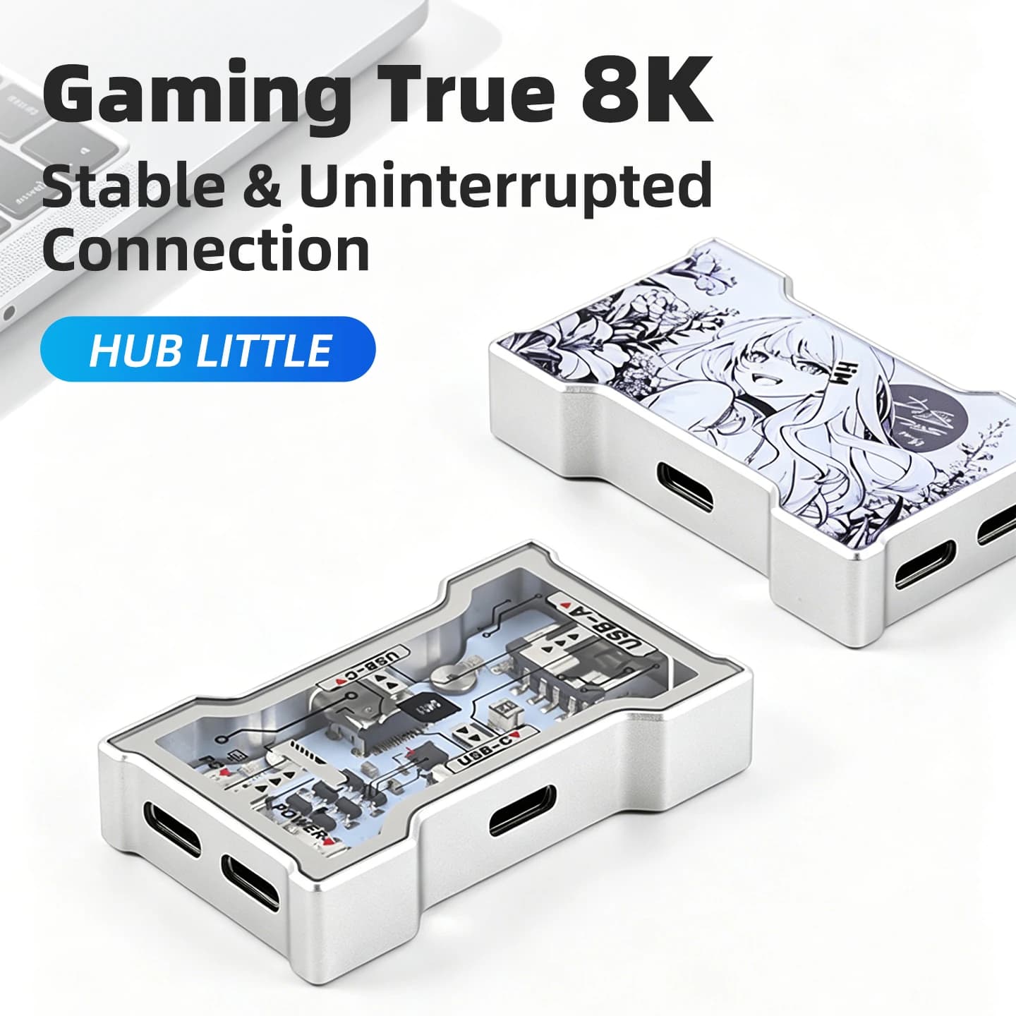 HMLAB HUB-Little Gaming True 8K 2 to 3 Expansion Dock USB HUB MTT Architecture CNC Aluminum Alloy Frame with RGB Light