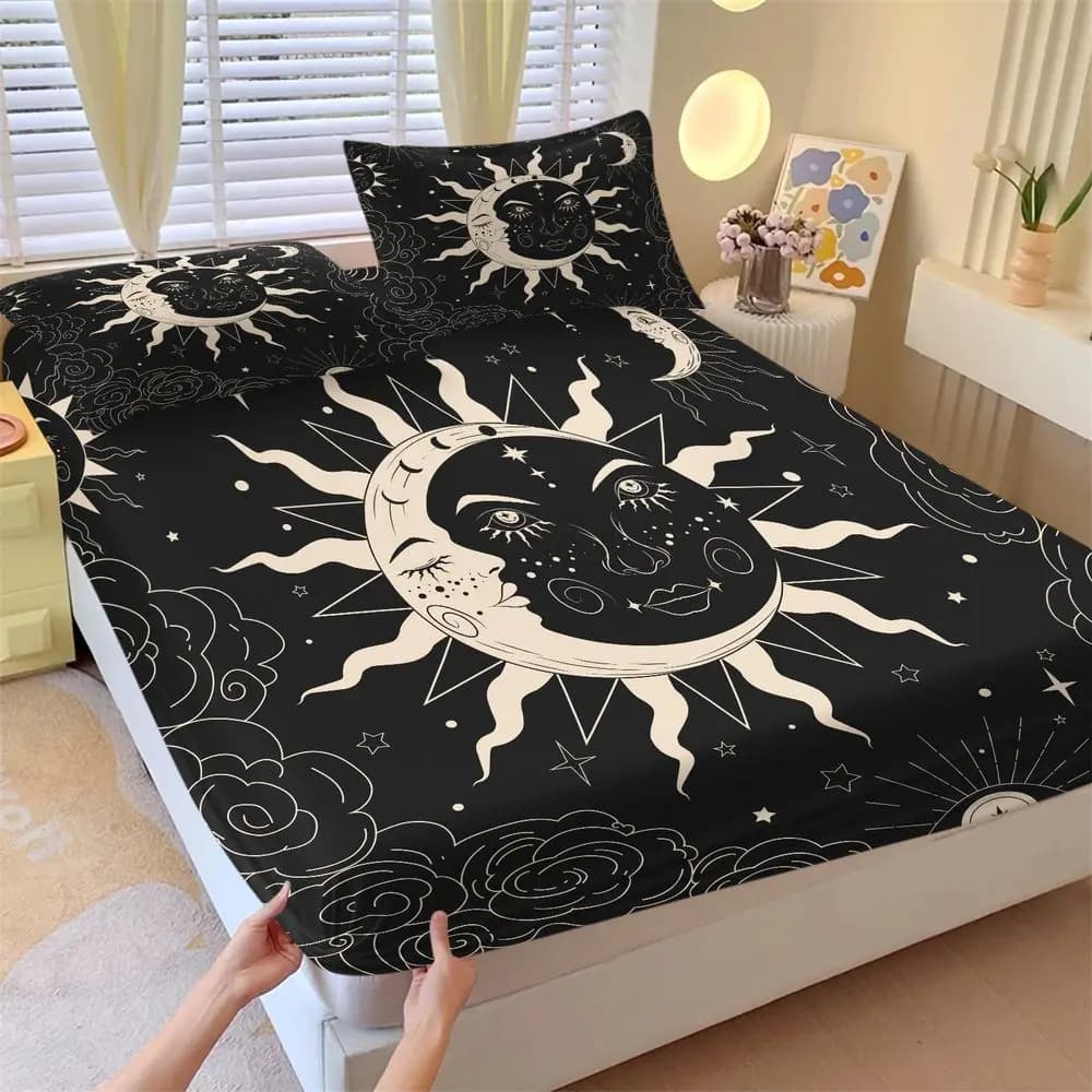 Celestial Sun and Moon Fitted Sheet Set Mystical Black and White Bed Sheets Set Starry Sky Bedding Set Soft Microfiber Bed Cover