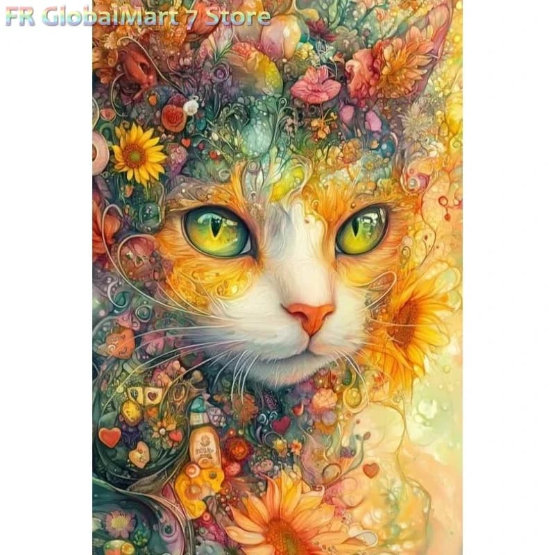 Diamond Painting DIY Surreal Swirl Floral Cat Sunflower Pastel Background Style Diamond Painting Mosaic Handmade Art Exquisite
