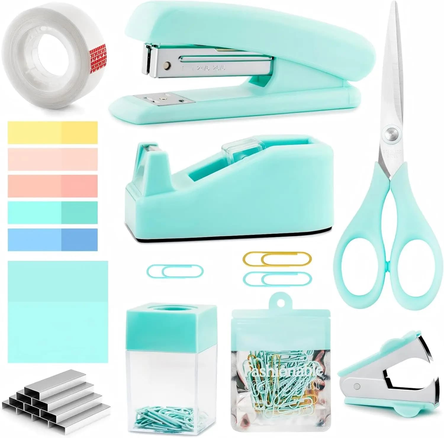 Set di articoli per l'ufficio color verde acqua per donna: cucitrice e dispenser per nastro adesivo verde menta, regalo di accessori da scrivania