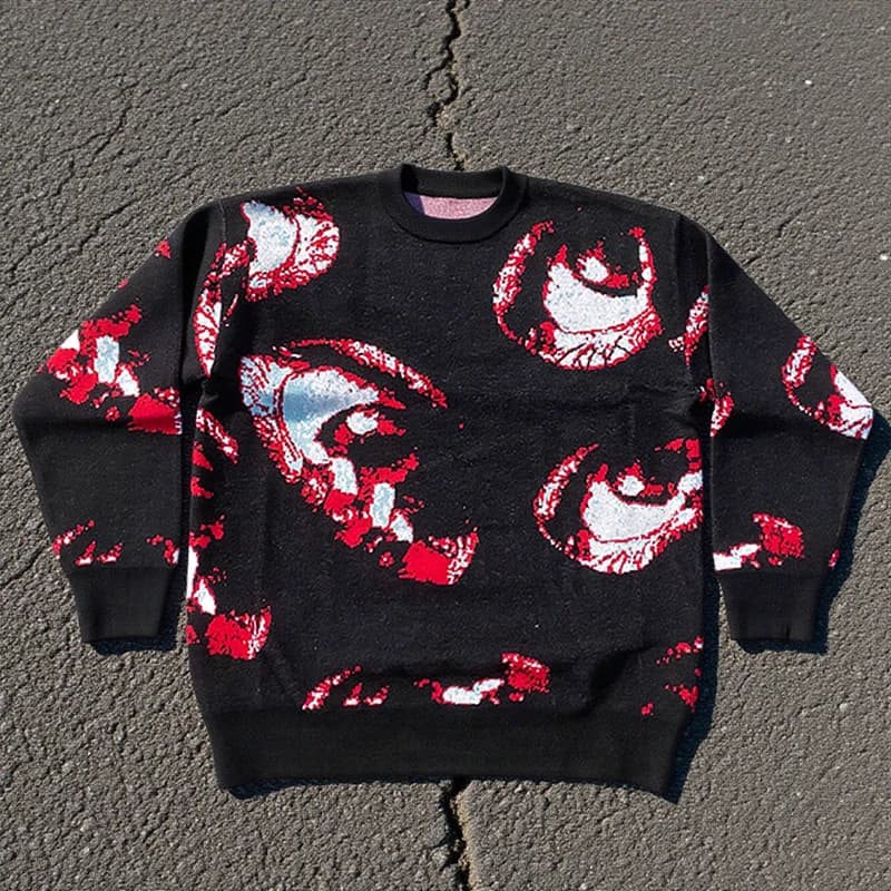 Maglione con motivo occhi gotici di Halloween Felpa con cappuccio lavorata a maglia extra large da uomo e da donna Harajuku Street Wear Top estetico Y2K