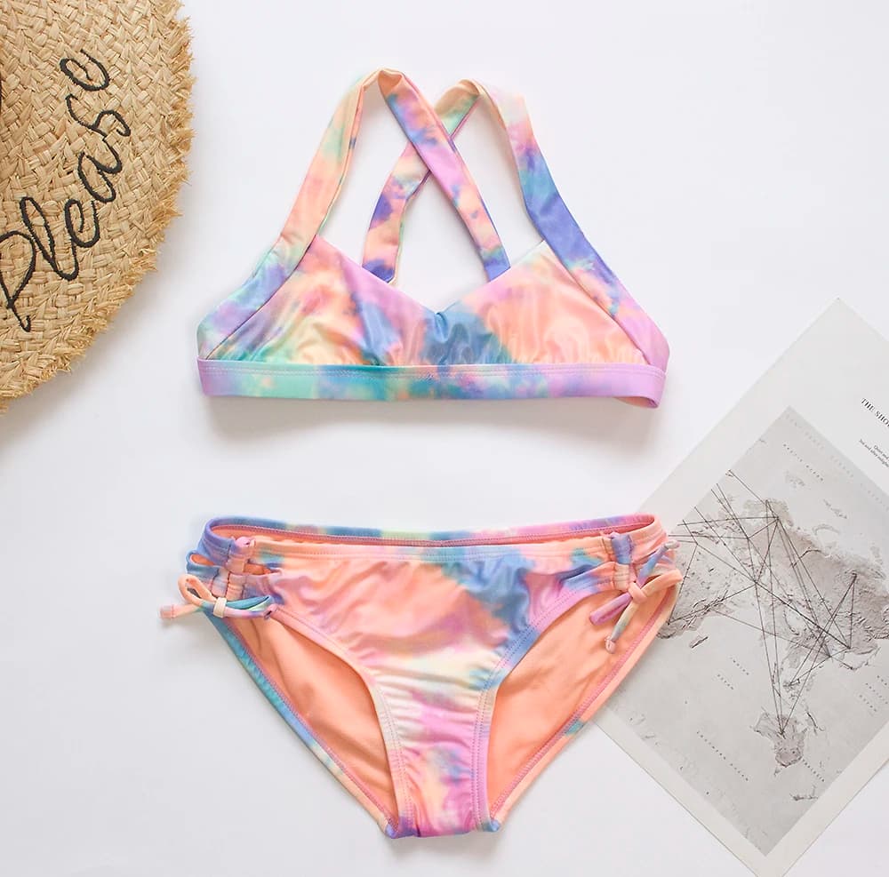 Costume da bagno per ragazze per bambini tinto in cravatta sfumata 2025 Hotsale Bambino Studenti Fasciatura Bikini Set Bambini Estate Beachwear Biquini
