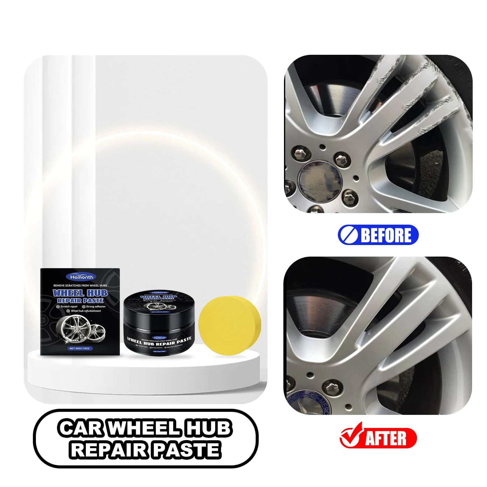 HOMONTH Pasta per riparazione mozzo ruota auto 50g Pneumatici auto Cerchioni Rimozione graffi Crema lucidante per metalli Ripristina pasta lucida Strumenti per la cura dell'auto