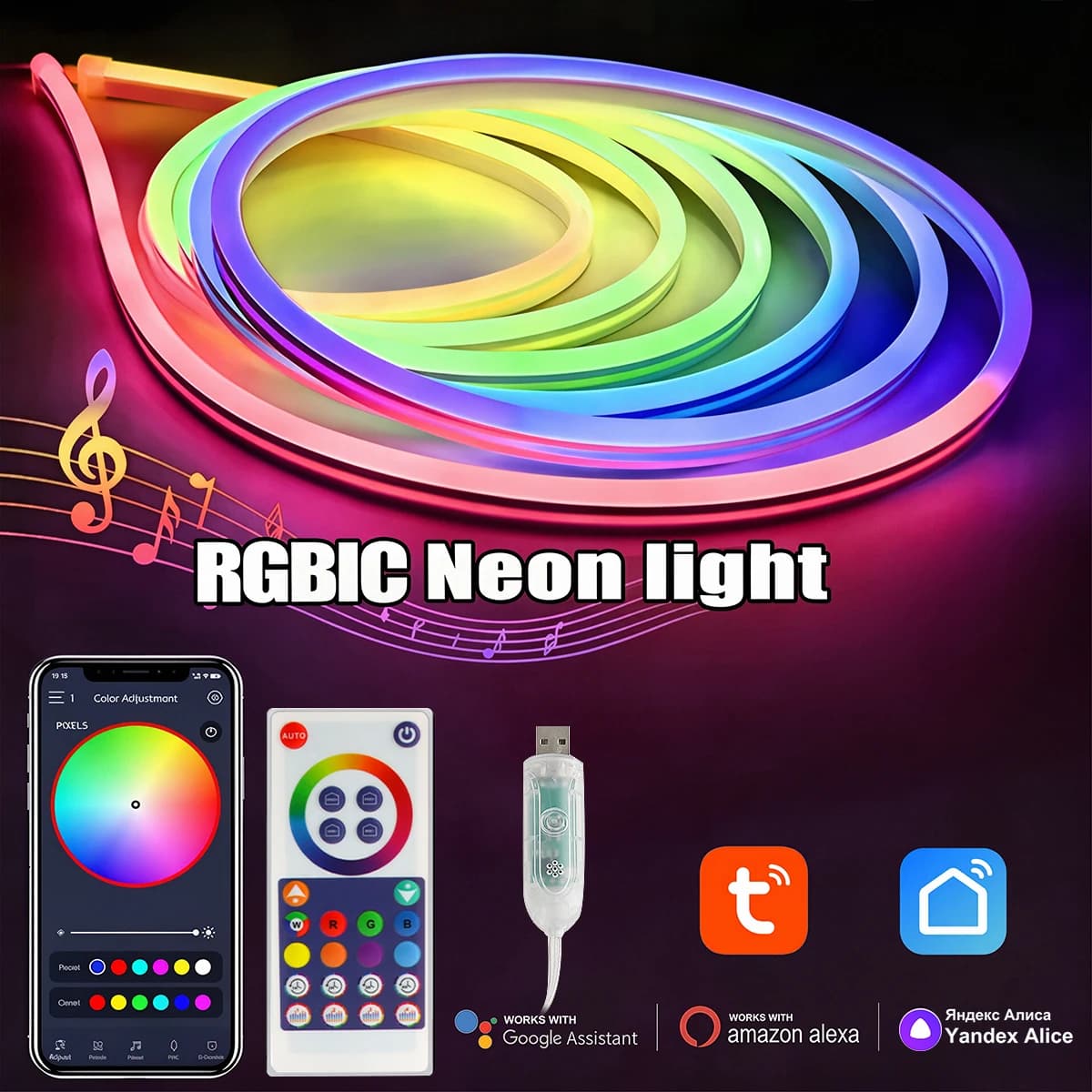Luci al Neon LED RGBIC, Strisce Flessibili Multicolore con Controllo WiFi Remoto, Alimentazione USB, Luci Sincronizzate con la Musica per Decorazione Camera da Letto e Feste