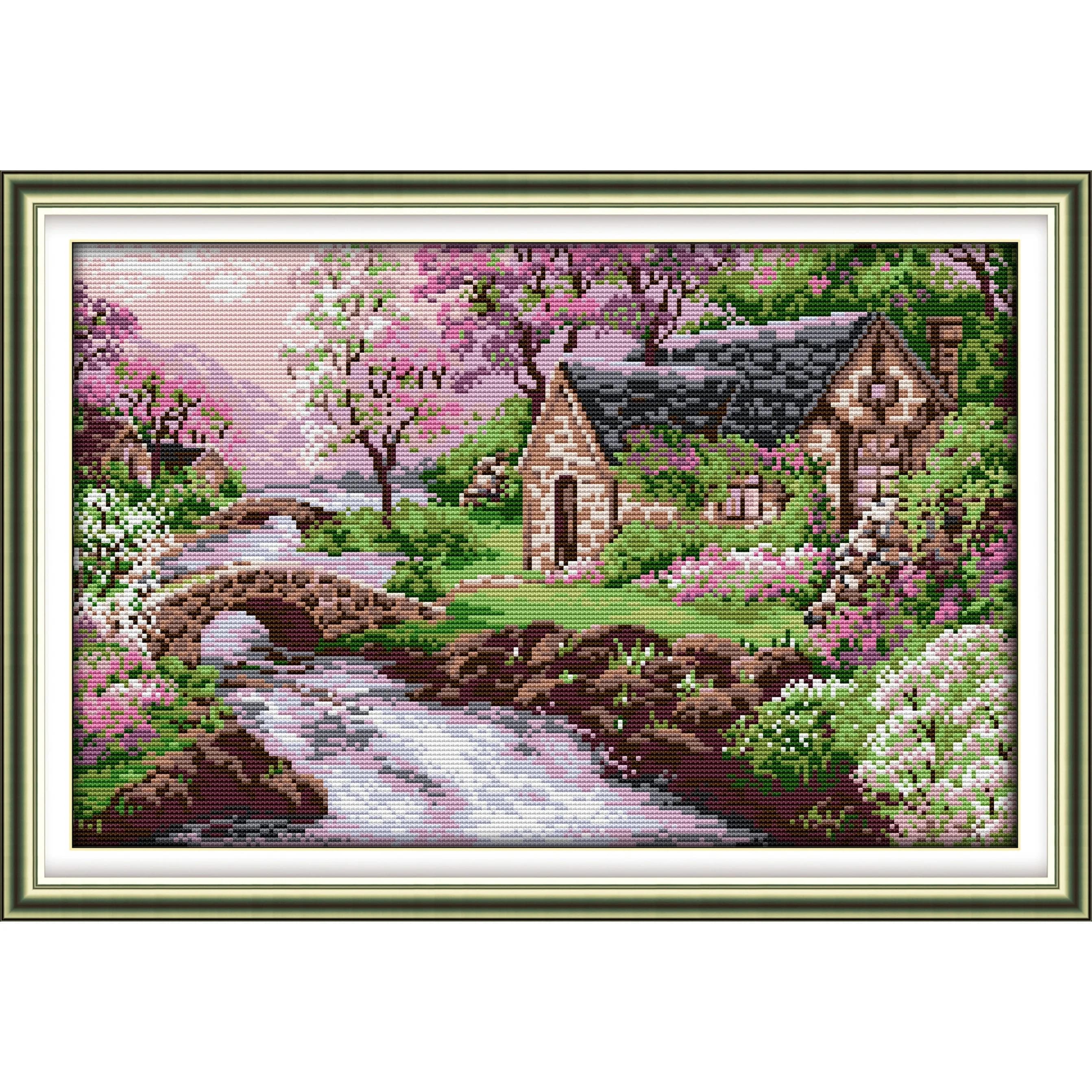 Soulgift News Pre-Printed Cross Stitch Kit,Stamped Aida Fabric with DMC Threads,Embroidery kit - Small Bridges and Flowing Water