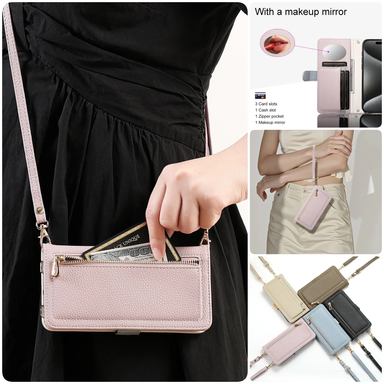 Crossbody Zipper Wallet with Card Holder Phone Case for Motorola Edge 60S 50 Pro 40 50 60 Fusion 50 Neo Phone case with a mirror