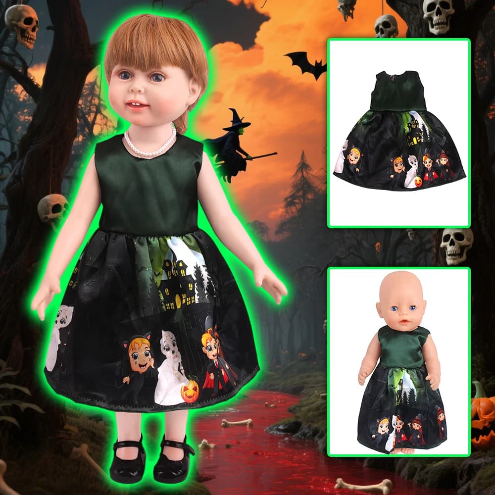 Bambole per ragazze americane da 18 pollici Stampa di Halloween Abito verde scuro per orsi e generazione 43-45 cm Gonna per bambole Giocattoli per bambini Vestiti