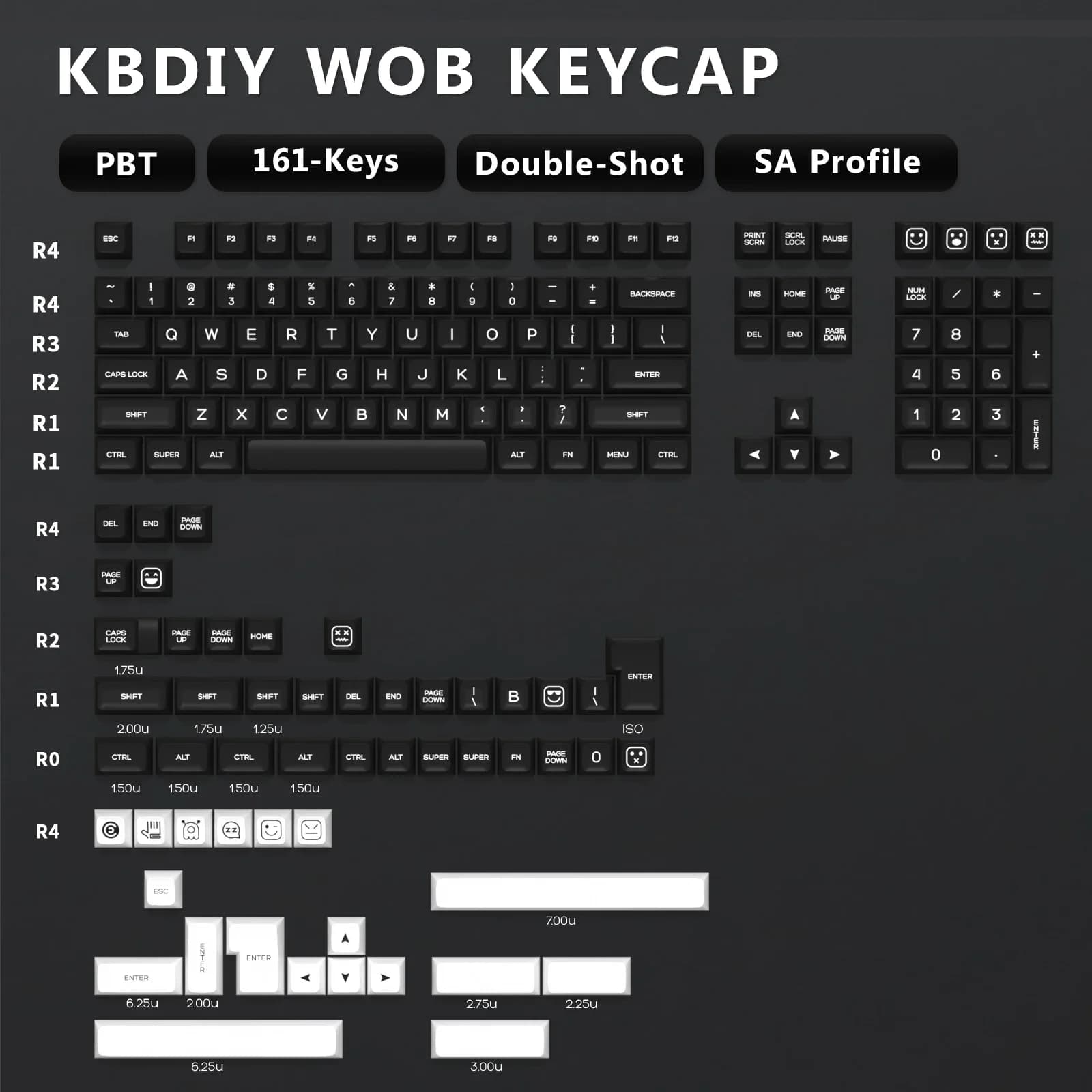 Set di Tasti KBDiy 161 Pezzi PBT Profilo SA GMK per Tastiera Meccanica, Set di Keycap Neri Personalizzati Double Shot ISO 7U per GMK61 64 87