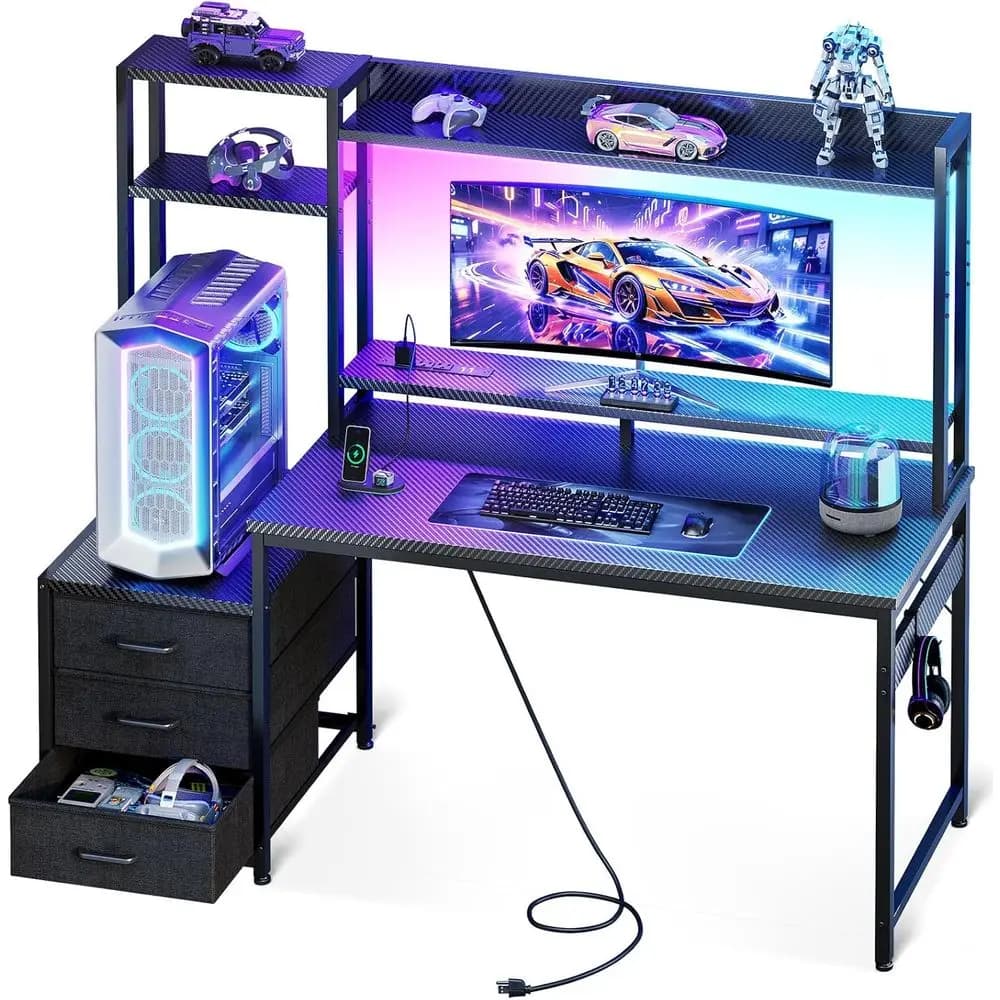 Scrivania da Gaming 48 con Soppalco, Cassetti in Tessuto, Porte USB, Luci LED, Supporto Monitor Reversibile, Nero Fibra di Carbonio