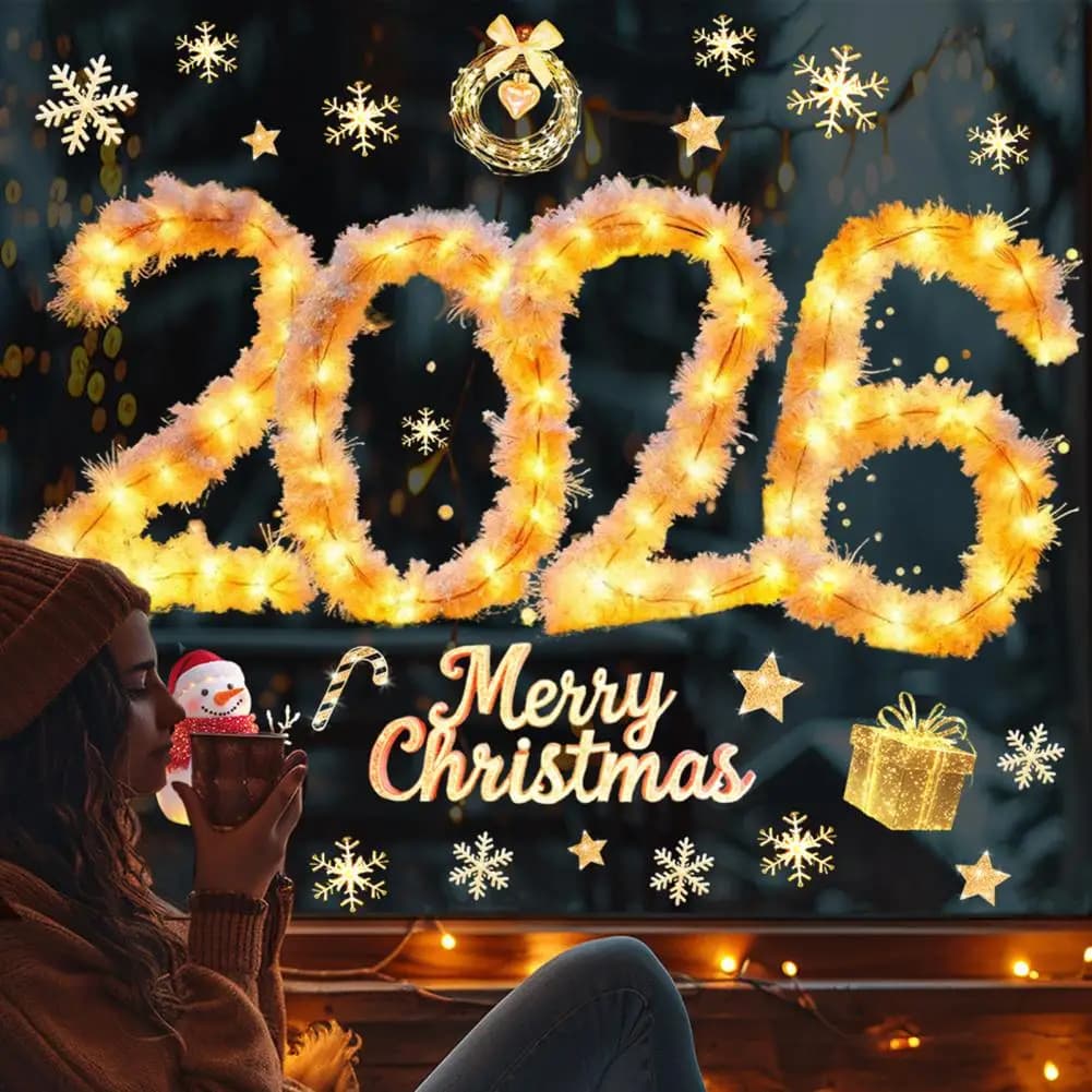 2026 Buon Natale Finestra si aggrappa Rimovibile Impermeabile PVC Natale Luce dorata Stringa Adesivo in vetro statico Decorazione della casa