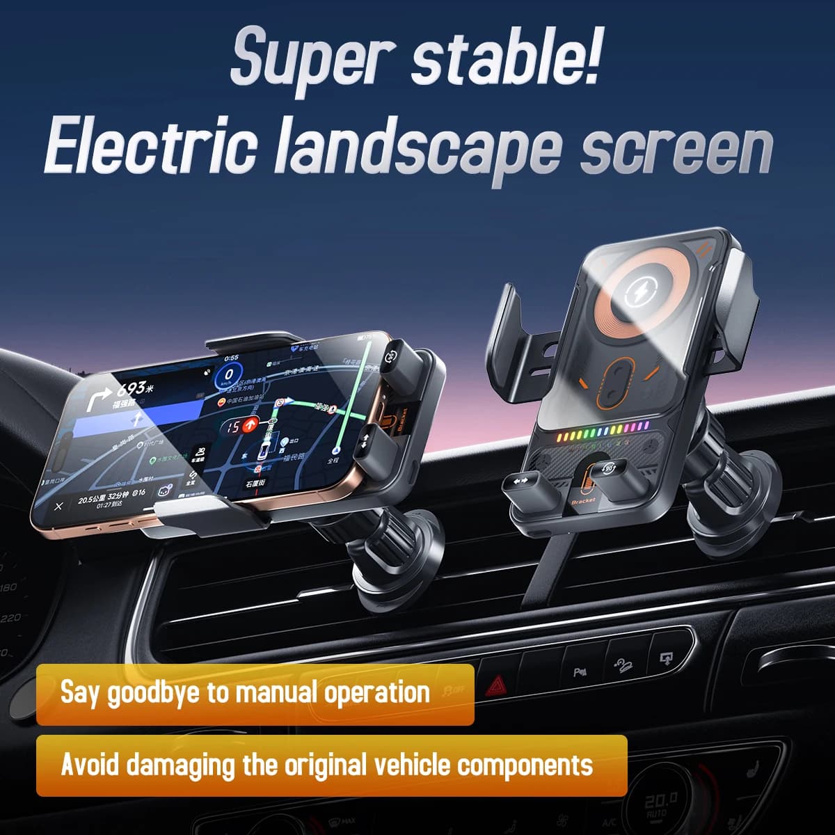 15W Auto-Clamping Wireless Car Charger Electric Rotation Phone Mount Shockproof Fast Charging Holder with RGB Light