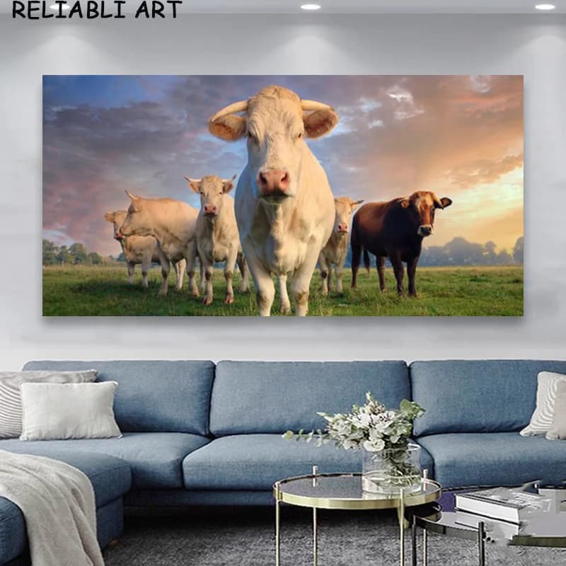 Natural sky cloud grass cow animal canvas painting modern poster and printing art wall pictures for living room decorations for home without frame