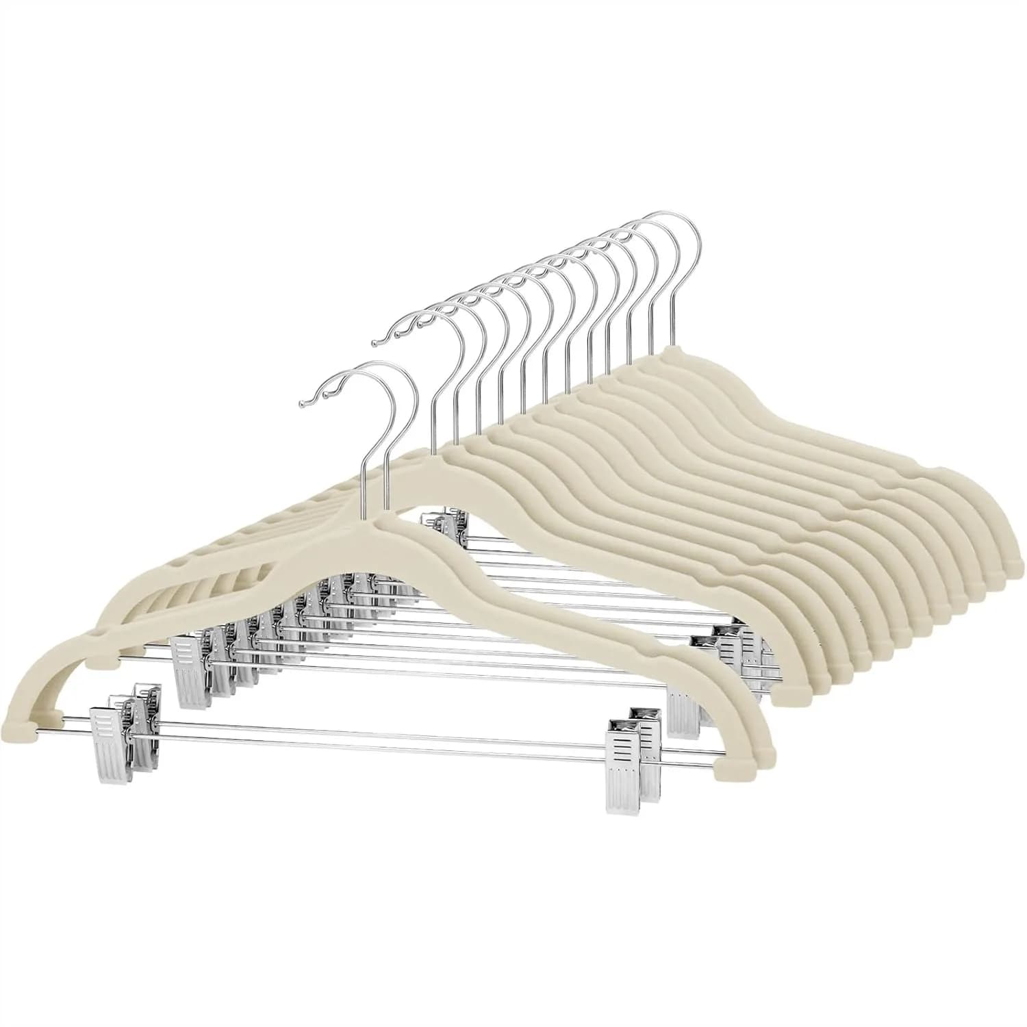 Velvet Skirt Hangers with Clips, 24 Pack Non Slip Pants Hangers Space Saving for Trousers, Jeans, Dresses, Suits, Beige