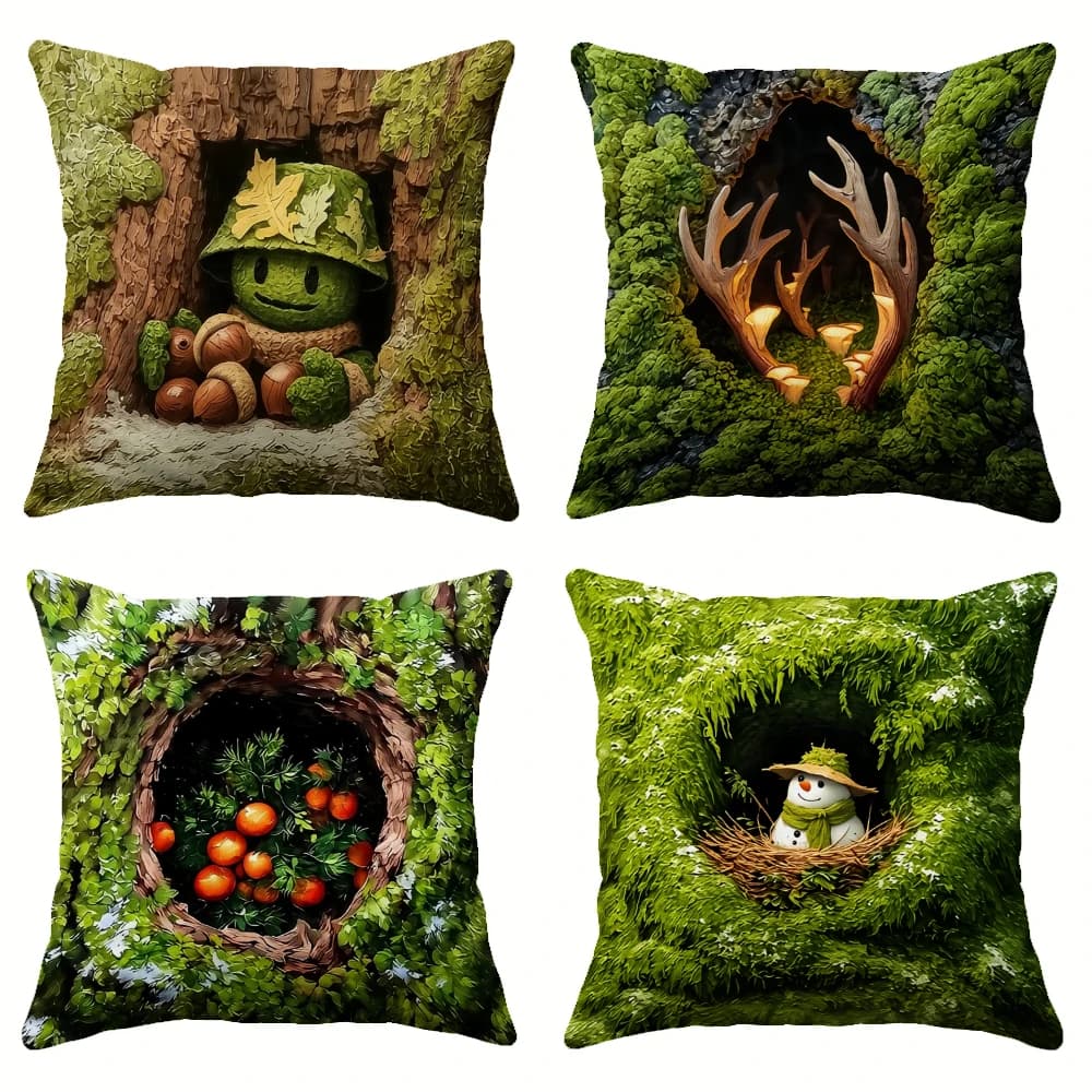 Set di quattro pupazzi di neve fantasiosi in un nido intrecciato, sciarpa verde lavorata a maglia e cappello di paglia, sfondo foresta, fiori bianchi, morbido paletto decorativo