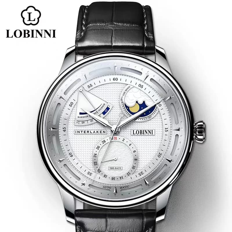Lobinni Moon Phase Seagull Watch Mechanical Automatic Men's Watches Business Water Resistant Tianjin Movement Male wristwatch