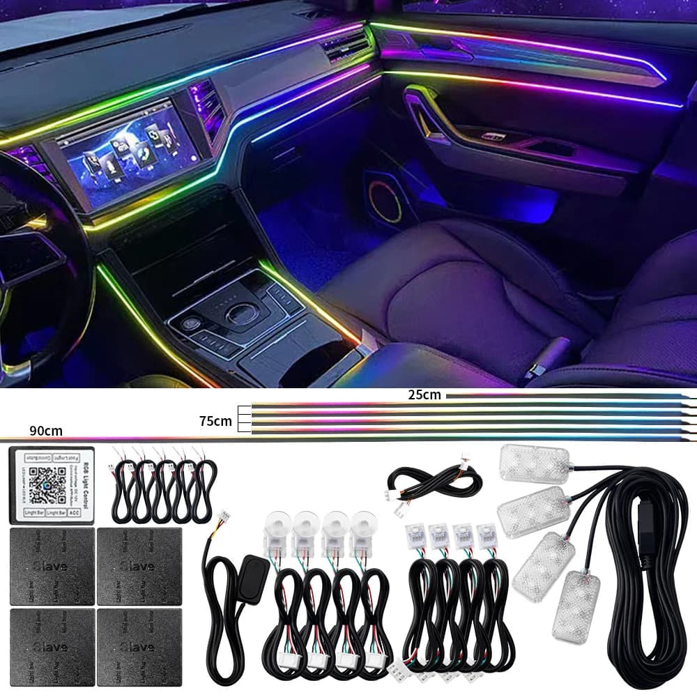 18 in 1 Dual Zone Symphony LED Car Ambient Lights RGB 64 colori interni Rainbow acrilico Strip Neon Atmosphere Lighting Kit App