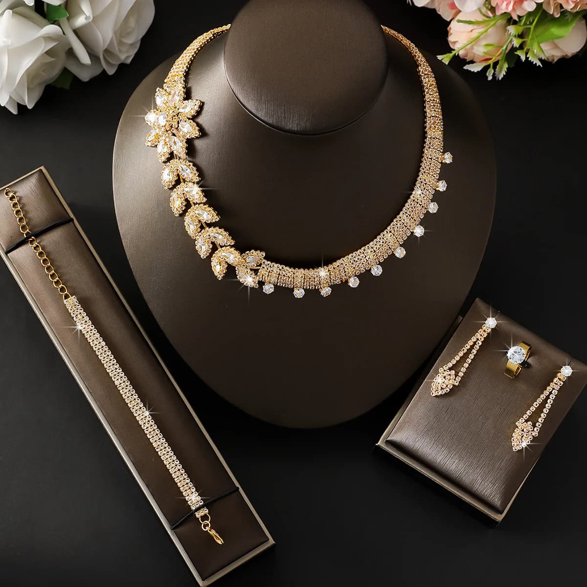 Fashion Zircon Jewelry Set 2pcs/3pcs/4pcs Necklace Earrings Bracelet Ring Elegant Accessories for Women Wedding Banquet Party