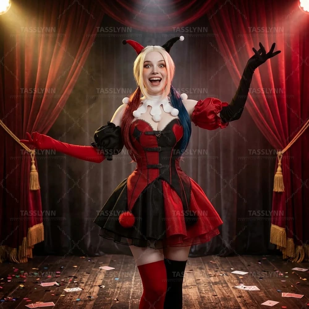 Quinn Cosplay Outfit Set, Red Black Clown Lolita Mini Dress Costume, Supervillain Cos for Halloween Comic Con Sweet Clown Outfit