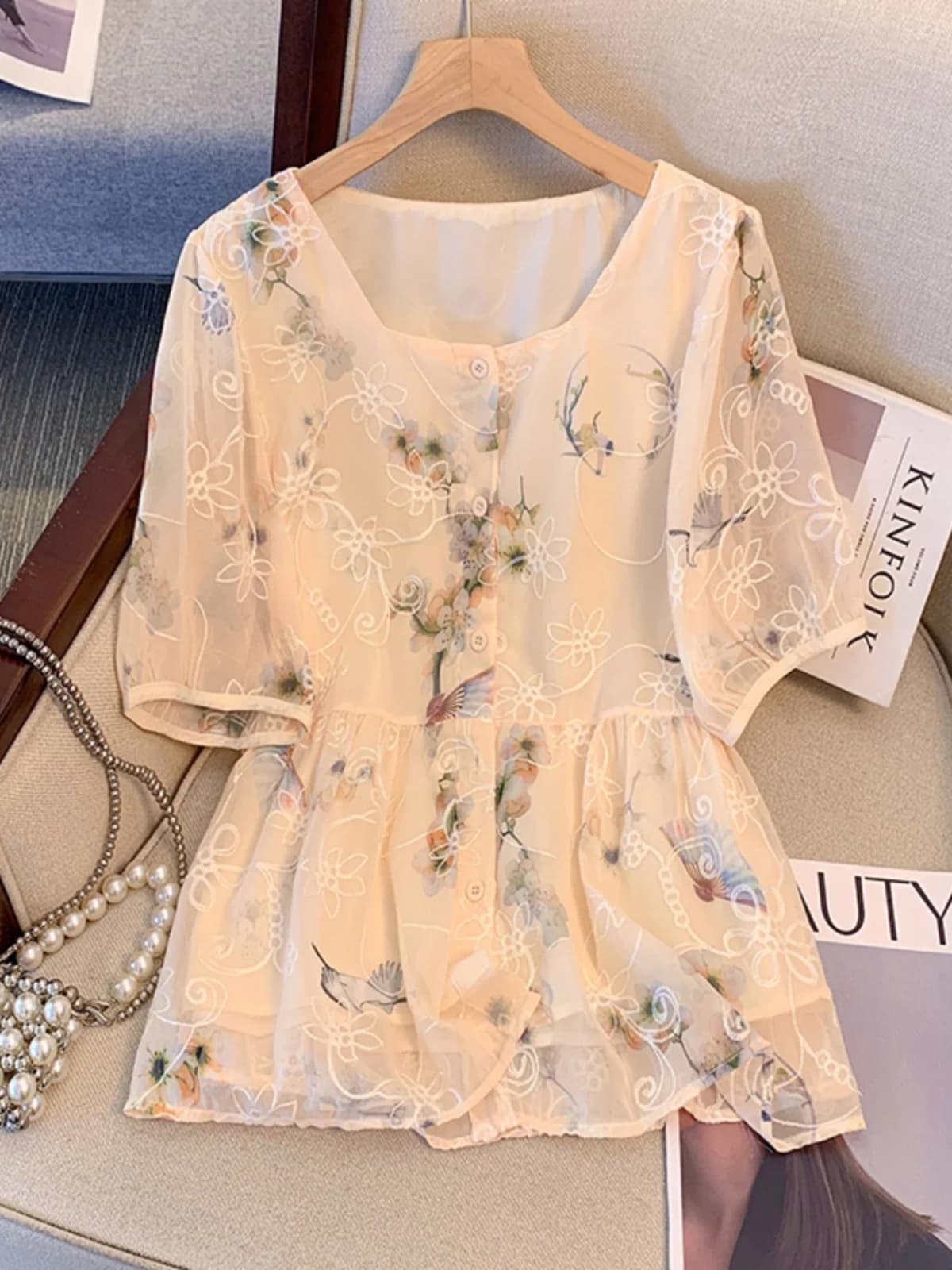 Floral Print Square Collar Short Sleeve Women's Shirt Summer plus Size Chiffon Top Slimming Belly Covering Skirt Style Blouse