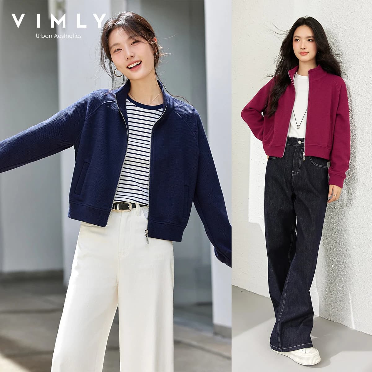 VIMLY Giacca Felpa Donna Autunno 2026 Casual da Ufficio Manica Lunga Collo Alto con Zip Cappotti Donna Abbigliamento Femminile A2037