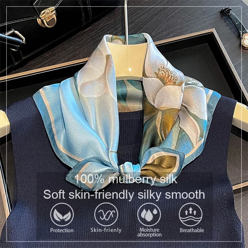 Foulard Quadrato 100% Seta Mulberry da Donna, Stampa Loto, Stile Bandana, Sciarpa, Fazzoletto, Fascia per Capelli, Hijab, Moda Primavera di Lusso