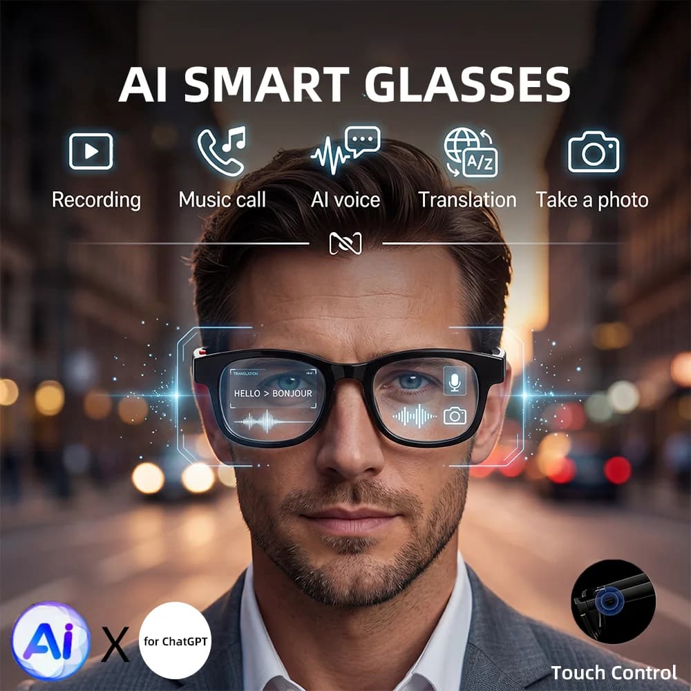 Occhiali Smart AI con Controllo Touch, Fotocamera 8K HD, Traduttore, Registrazione, Assistente Vocale, Musica, Bluetooth Wireless, Protezione UV400