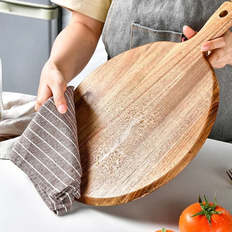 Tavola per pizza in legno rotonda con teglia per pizza a mano Tagliere per pietra per pizza Piatto per torta Strumenti per cottura