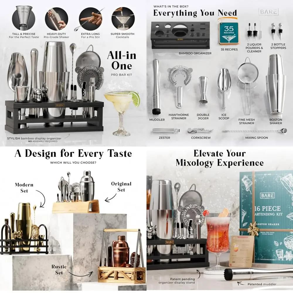 Kit da cocktail da 16 pezzi con shaker Boston da 28 once, 35 ricette, strumenti di miscelazione argento/nero per il barista domestico