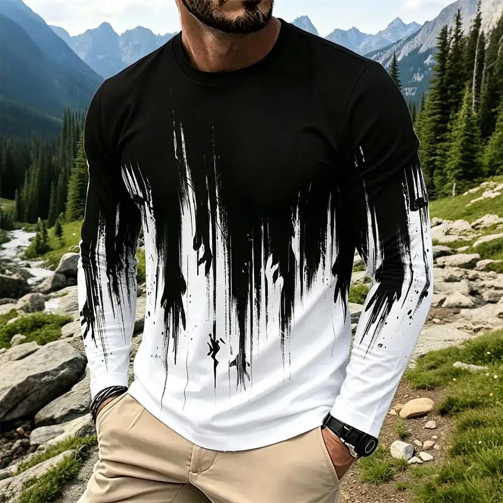 T-shirt a maniche lunghe da uomo con stampa sfumata effetto schizzi d'inchiostro, casual, streetwear, girocollo, nuova moda, traspirante, maglia base stampata