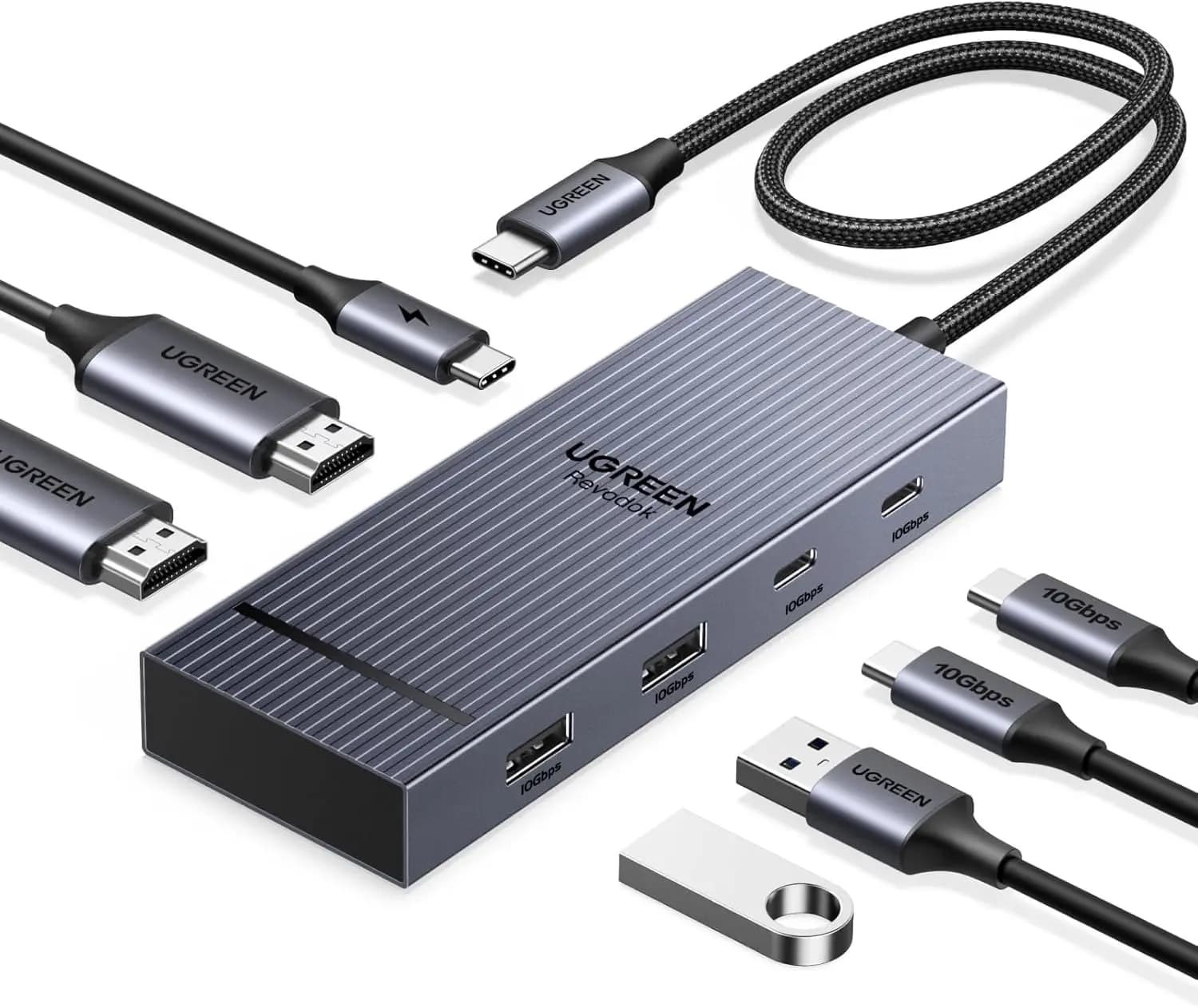 Hub USB C 7-in-1 con Doppia Uscita HDMI 4K@60Hz, Porte Dati 10Gbps, Ricarica PD 100W, in Alluminio