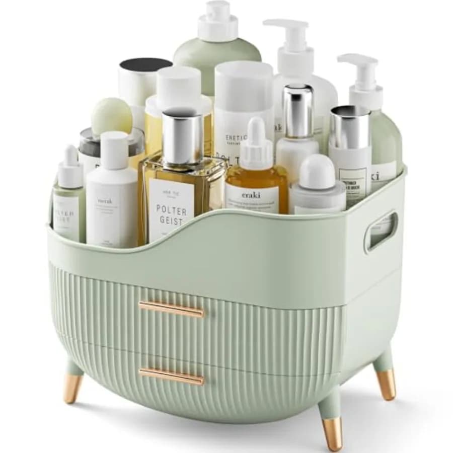 Organizzatore per Trucchi con Cassetti Verde, Contenitore per Cosmetici da Toeletta con Maniglia, Grande Espositore per Cosmetici da Comodino