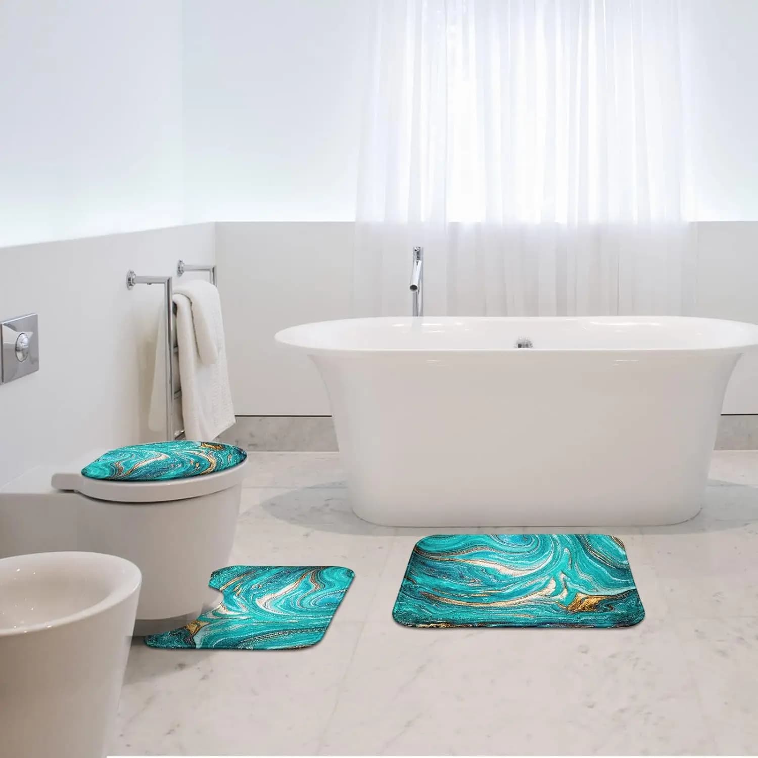 Set Tappetini da Bagno in Marmo Teal, Design a Onde Turchesi e Oro, 3 Pezzi Antiscivolo Lavabili per Bagno, Copriwater e Tappetini per Pavimento