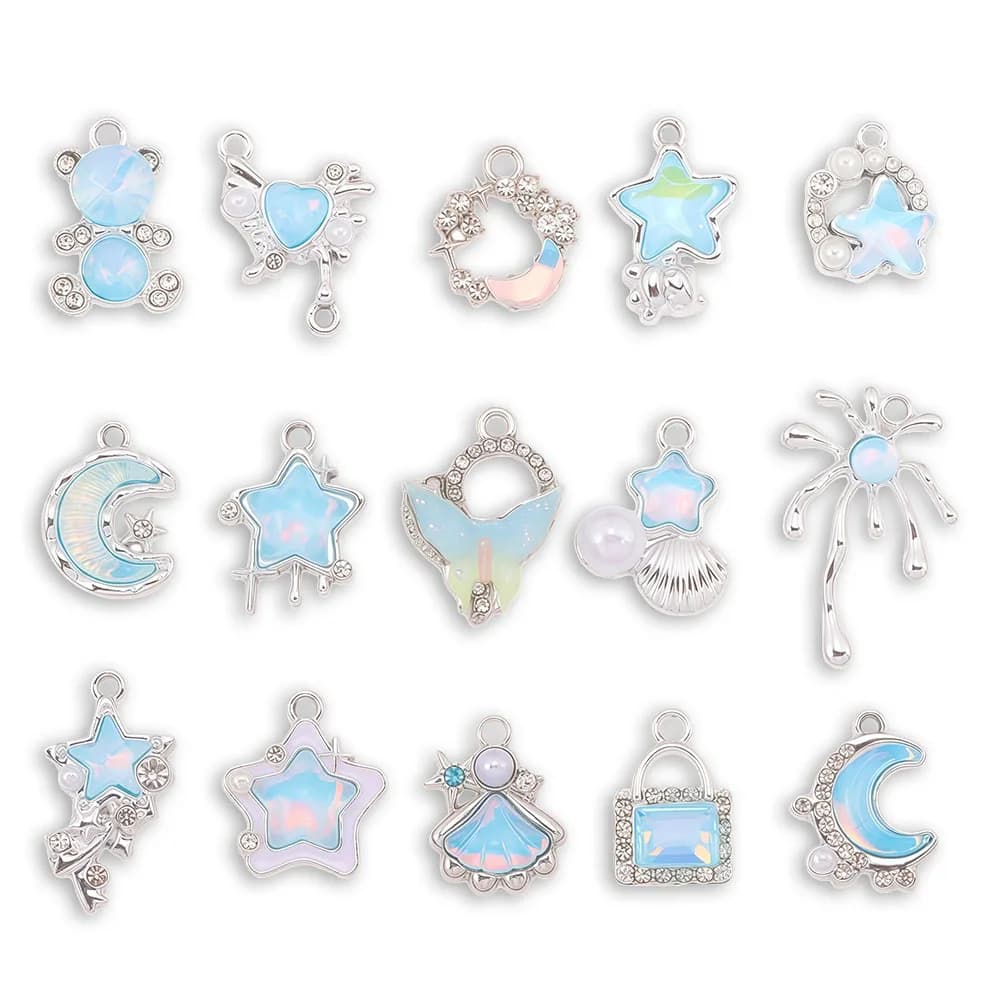 10 Pezzi Ciondoli a Forma di Luna, Stella e Orso Color Argento con Strass di Cristallo per Creazione Gioielli Fai da Te, Collane, Bracciali, Orecchini e Componenti
