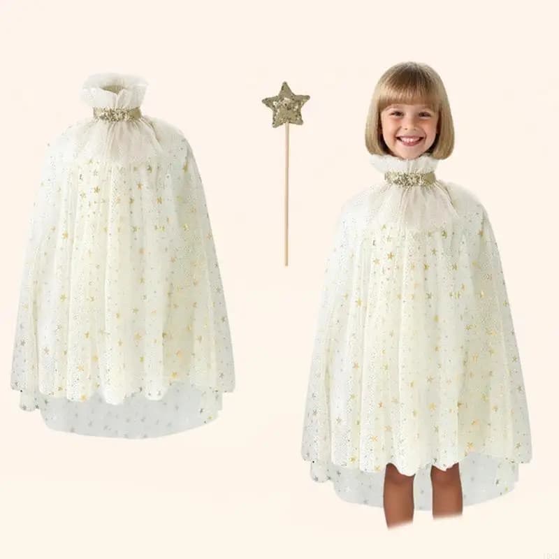 Mantello da principessa in tulle con paillettes da 2 pezzi, con bacchetta per ragazze