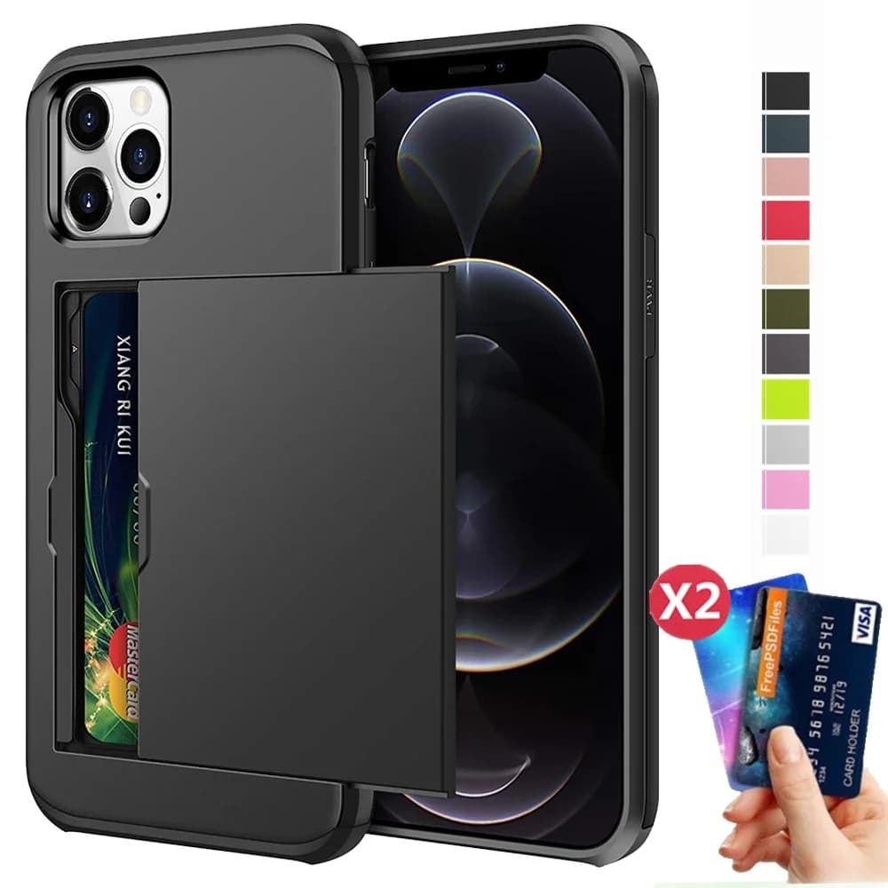 Custodia per carte di credito Armor Slide per iPhone 15 14 13 Pro Max 12 Mini 11 12 Pro Max XS Max XR X custodia per Slot per schede custodia per portafoglio Slide Cover
