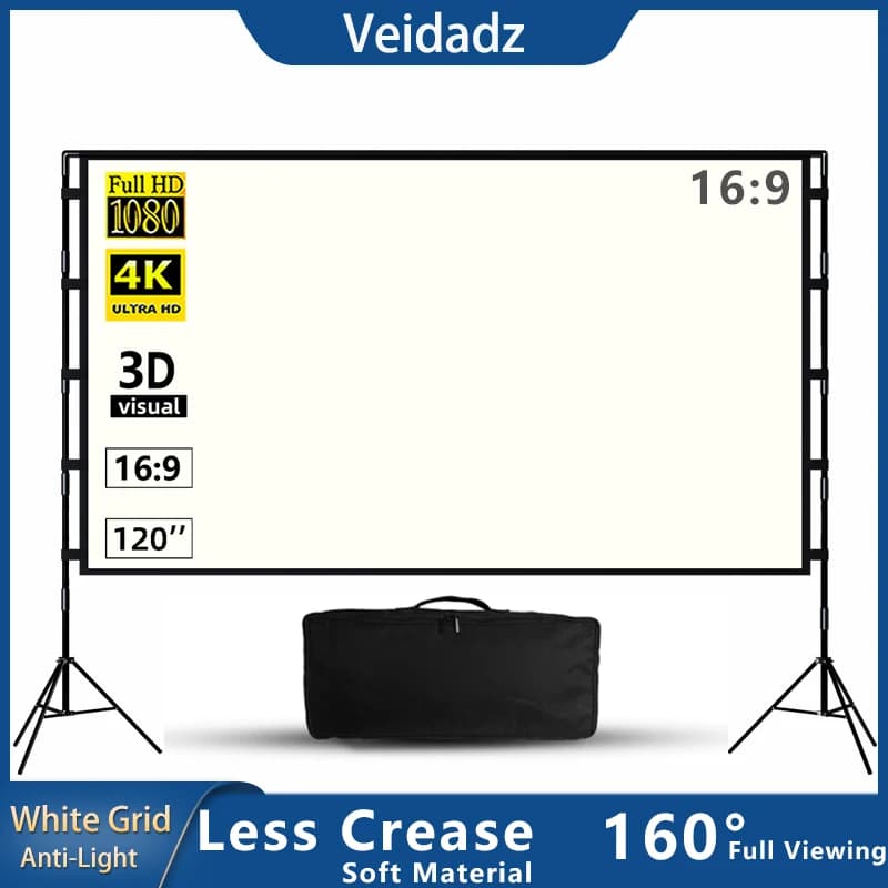 Schermo del proiettore VEIDADZ con supporto Soft White Grid Anti-light angolo di visione di 160 ° meno piega 100 schermo da 120 pollici Outdoor Indoor