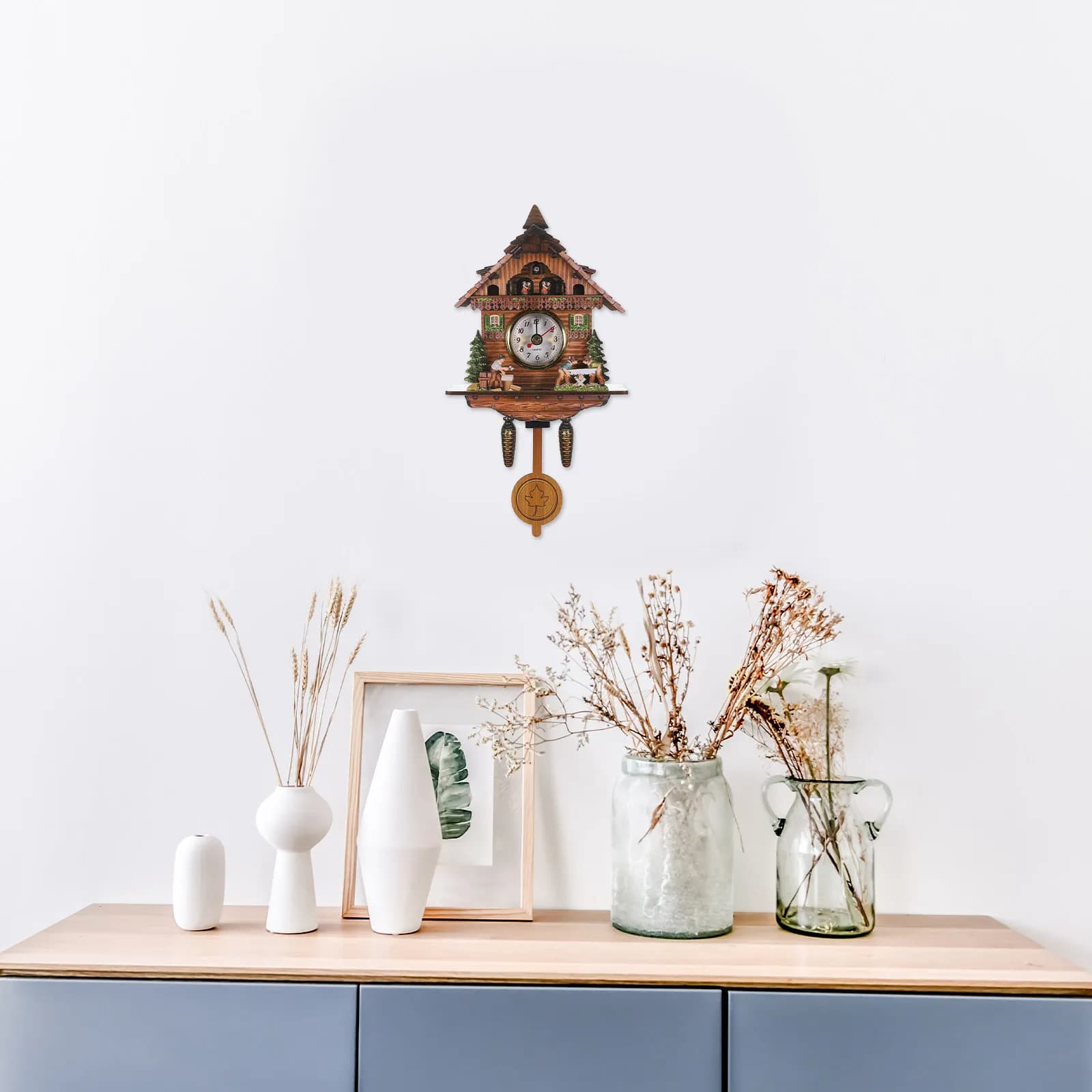 Multi-Functional Wooden Pendulum Wall Clock Accurate Timekeeping Decorative Hanging Clock for Bedroom Living Room Wall Art