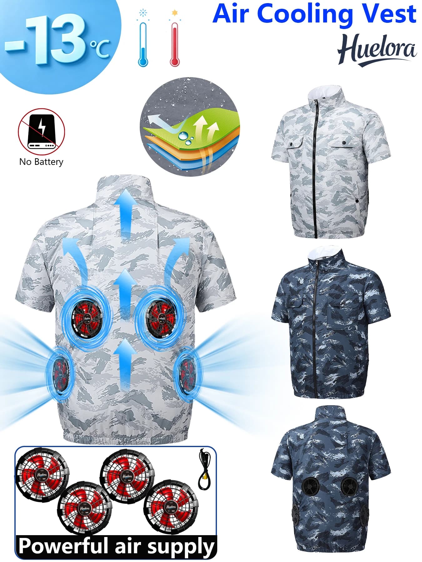Camo Short Sleeve Air Cooling Shirt Men 2 Fans USB Summer Work Fan Jacket Outdoor Fishing Cooling Clothes