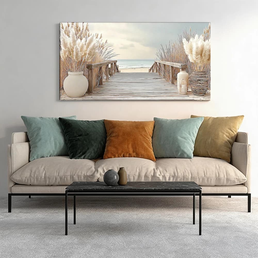Painted on canvas with large wooden frame, 1 piece, Route to the beach, pots with pampas.