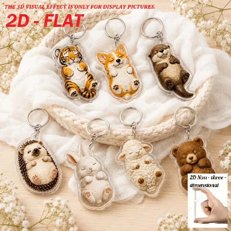 Cartoon Cute Sleeping Animal Acrylic Keychain 2D Flat Tiger Corgi Otter Hedgehog Rabbit Sheep Bear Bag Pendant Key Ring Gift