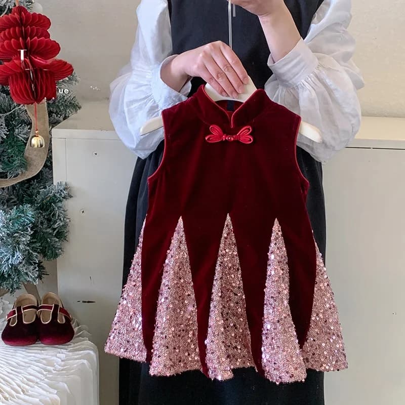 Abito Foderato in Pile per Bambine, Nuovo Stile Autunno-Inverno, Costume Tradizionale Cinese per il Capodanno, Gonna Principessa Imbottita